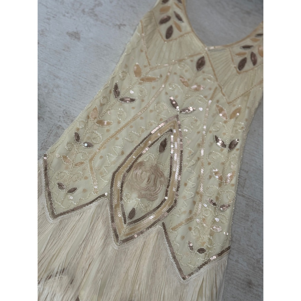 Champagne Sequin Beaded Flapper Dress Great Gatsby 1920s Fringe Cocktail Dress - Picture 2 of 15